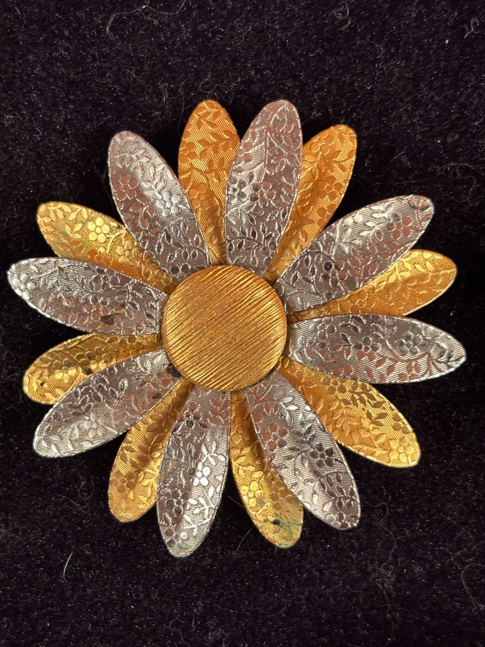 Vintage Two Tone Gold Silver Flower Brooch Embossed Floral Petals